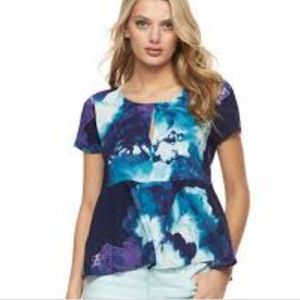 JUICY COUTURE Womens XL Watercolor Top Peplum Ruffle Short Sleeve Tye Dye